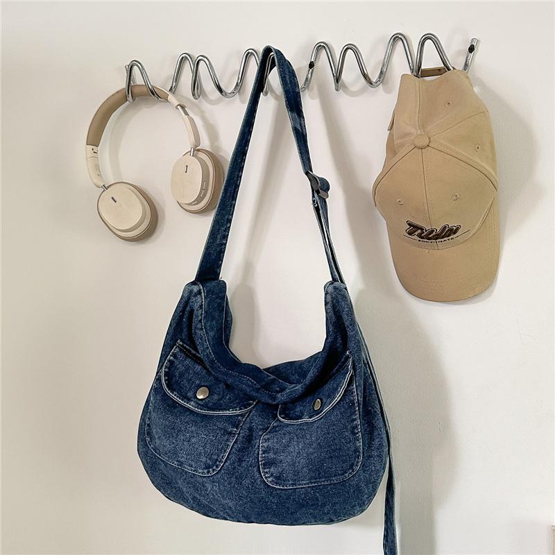 Borsa Hobo in Denim Lavato Vintage con Doppie Tasche Frontali a Pattina Borsa a Spalla Casual Morbida per Donne Quotidiana