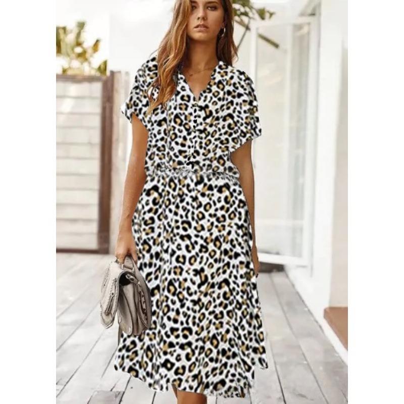 Summer polka dot printed short-sleeved mid-length dress women's fashion all-match elegant temperament