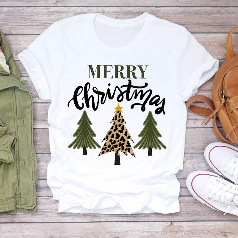 Casual Leopard Merry Christmas Tree Graphics Women T-Shirt 90S Kids Summer Shirts Loose White Female Tops Cute Children Clothes