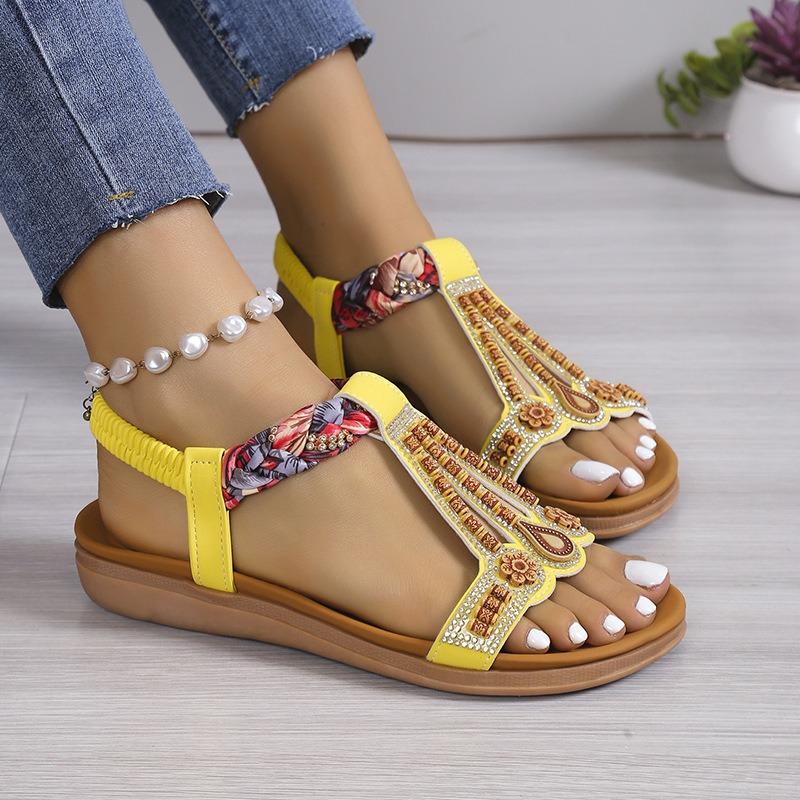 Large size sandals women's summer new flat-bottomed open-toed beaded bohemian beach shoes