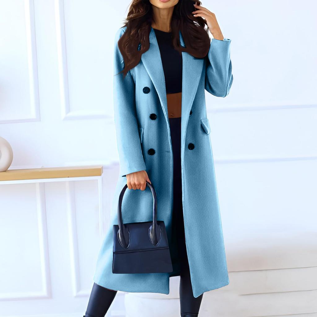 Dámský módní ležérní dlouhý dvouřadý kabát jednobarevný vlněný svrchník