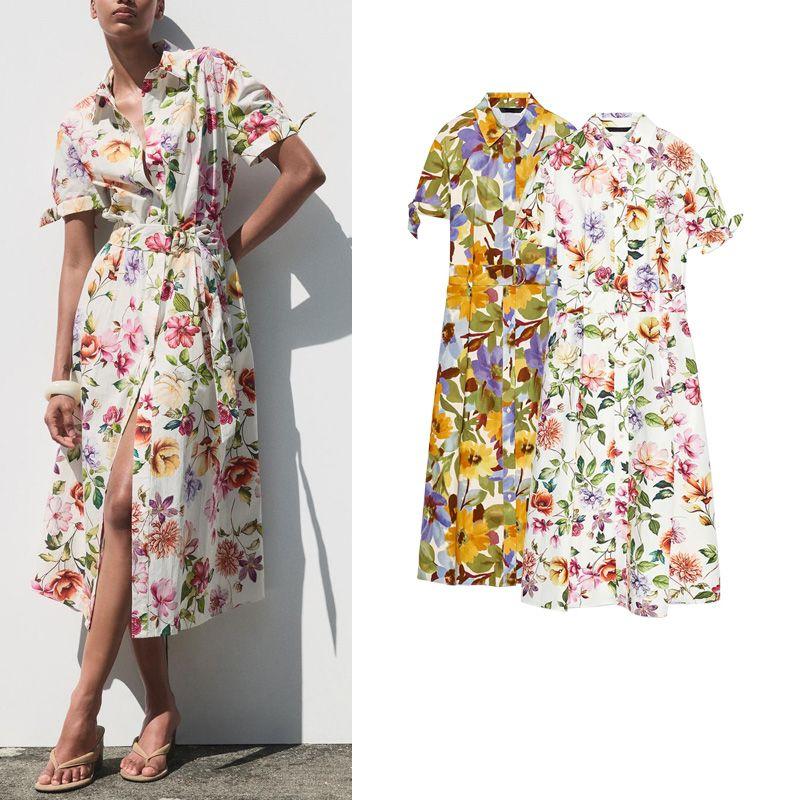 Summer Women's Clothing Bowknot Decoration Print Poplin Short Sleeve Midi Skirt Dress 2944303 2944340