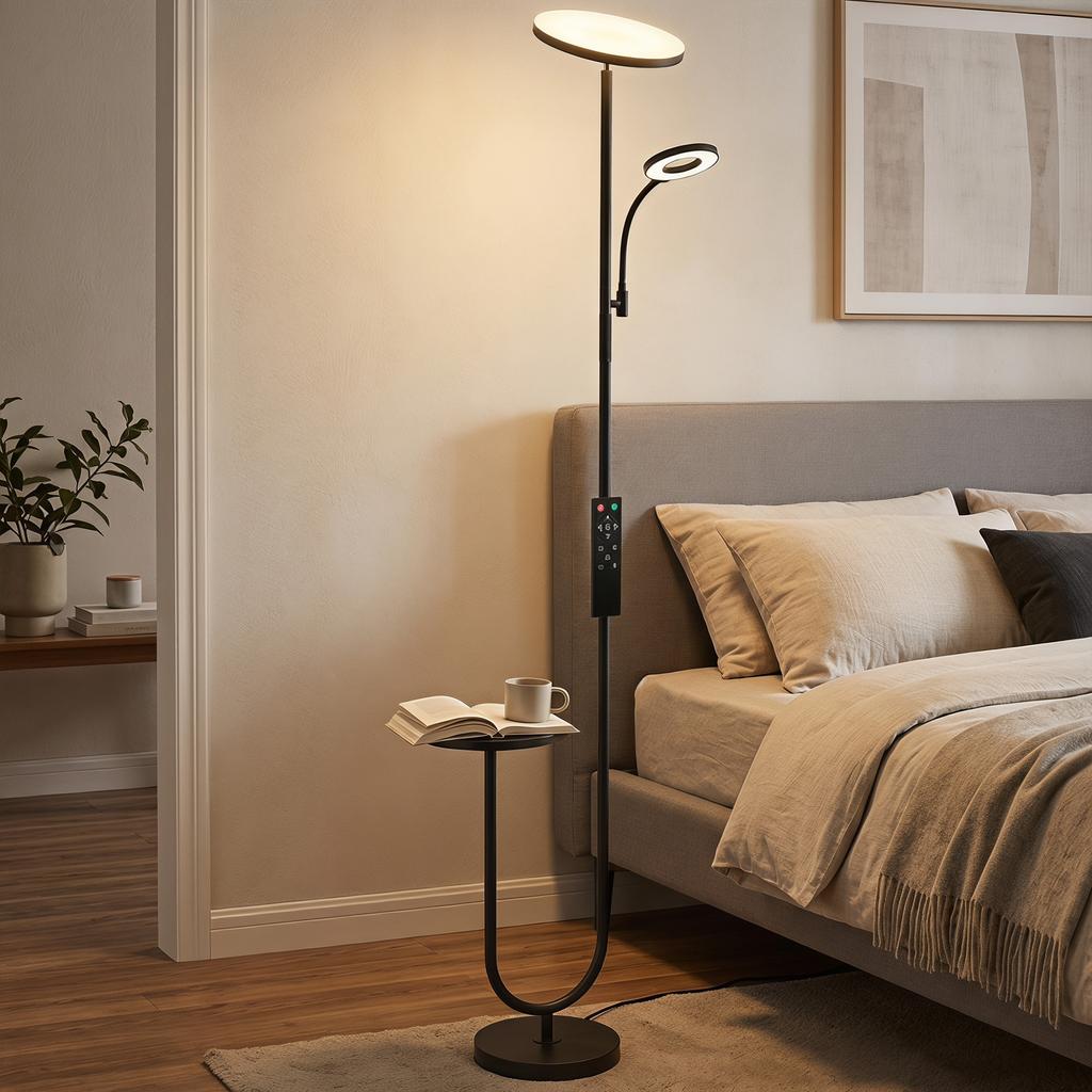 Uplighter Floor Lamp with Table and Reading Light, Dual Light Dimmable Standing Lamp with Remote & 4 Colour Temperatures