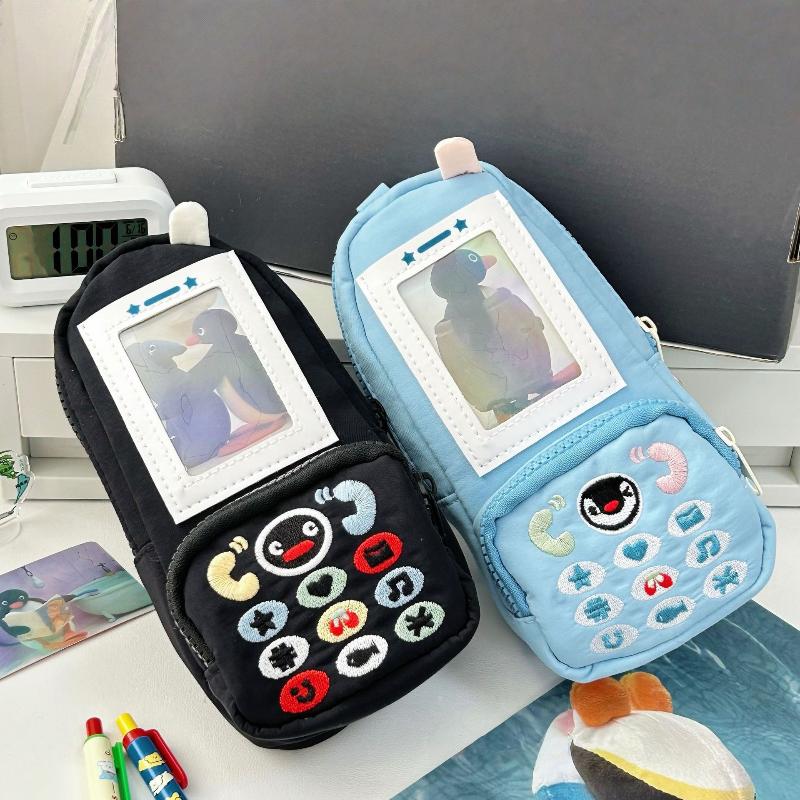 Kawaii Penguin Canvas Pen Bag Phone Shape Large Capacity Stationery Pouch Stationery Storage Bag Students Gift