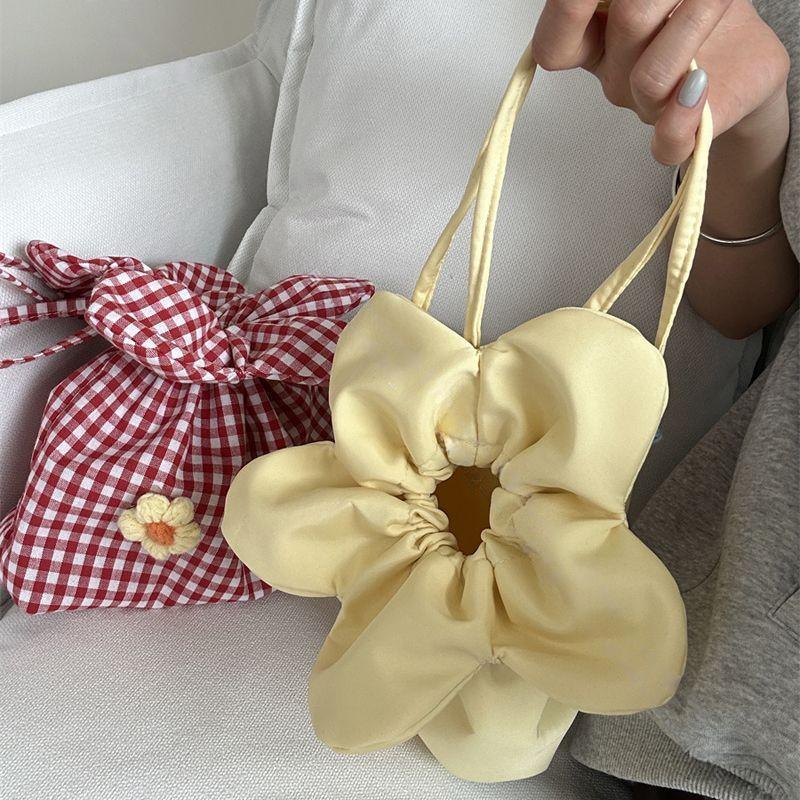 Korean Style Plaid Drawstring Crossbody Bag Large Capacity Canvas Floral Handbag Lightweight for Women Daily Travel Storage Bag
