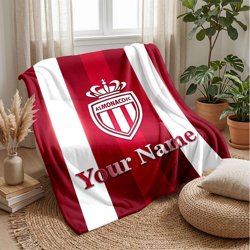 Monaco FC Custom Name Text Flannel Blanket Soccer Logo Personalized Fleece Throw Blanket Special Gift For Sofa Bedroom Home