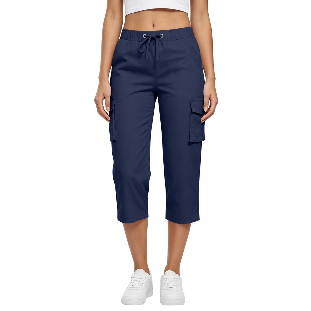 Damen Cargo Capri-Hose mit hoher Taille, Taschen und Kordelzug, lässige, entspannte Passform, Outdoor-Sportbekleidung