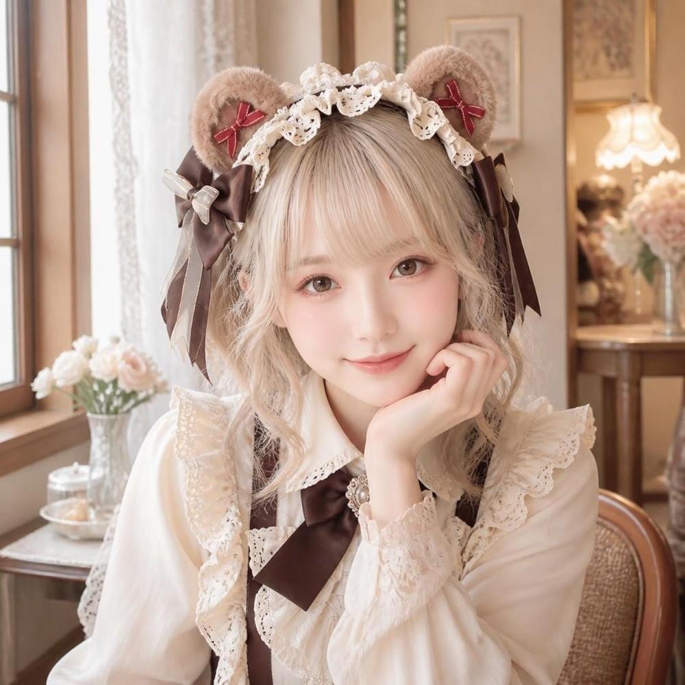 Big Bow Lolita Headband Fluffy Plush Cosplay Hair Accessory Casual Bear Ear Headband Halloween