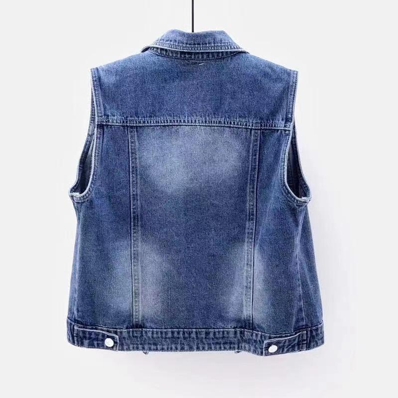 Vestă de denim de primăvară și toamnă Jachetă fără mâneci cu mărgele cu cuie pentru damă