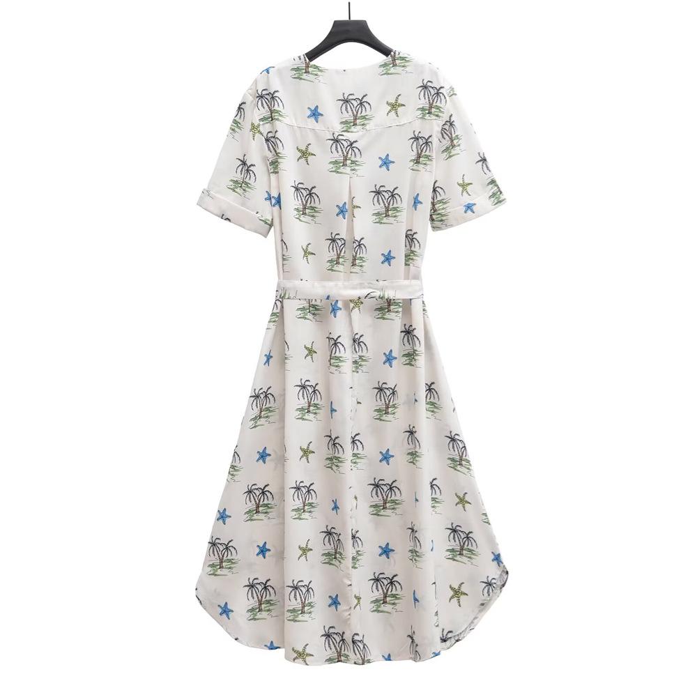 2025 Spring/Summer Women's V-Neck Belted Dress with Bow Print
