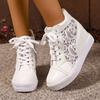 Fashion 2025 New Women Wedge Platform Sneakers Rubber Leather High Heels Lace Up Shoes Height Increasing White Thick Bottom