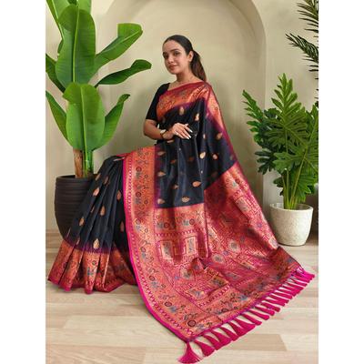 Paithani Silk Sarees  with Unique Peacock Motifs and Meenakari Work Having Contrast Pallu and Designer Contrast Border. With Tassels.