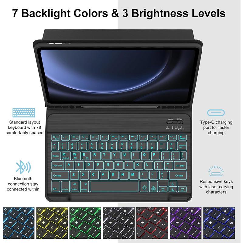 Samsung S10 Lite Tablet Case with Colorful Backlit Bluetooth Keyboard & Pen Slot