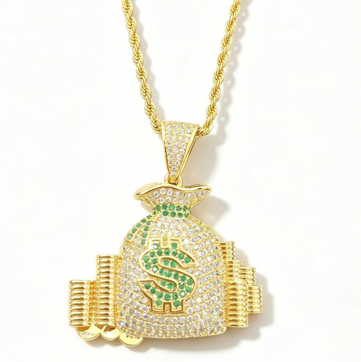 European and American Hip Hop Beauty Money Bag Necklace Copper Set Zircon Dollar Symbol Pendant Trendy Brand Personalized Men's Necklace Accessories