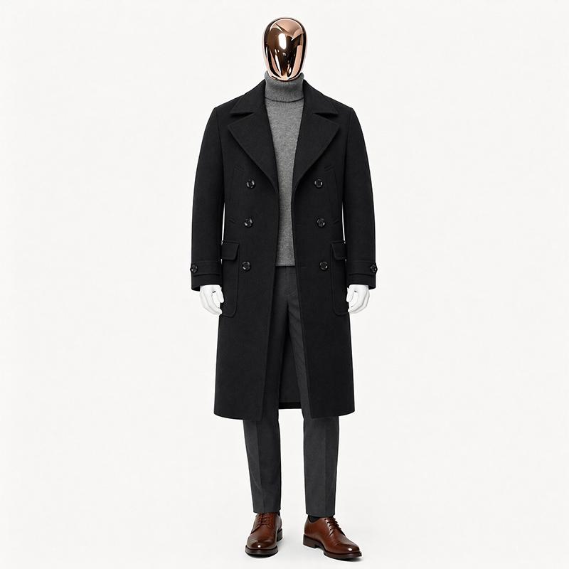 Herren Premium Wollmischung Zweireihiger Langer Peacoat