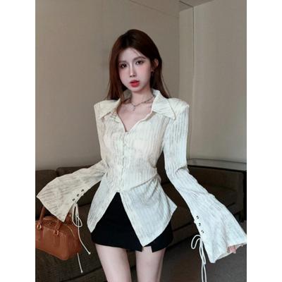 Hemden mit ausgestellten Ärmeln im französischen Stil für Damen, Retro-Chic, Schnürung, Frühling, Herbst, elegant, feminin, sexy, Tops, ästhetische Kleidung, beliebt