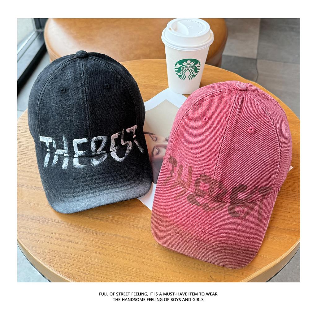 Retro washed old letter baseball cap female wide brim big head circumference showing face small soft top cap male