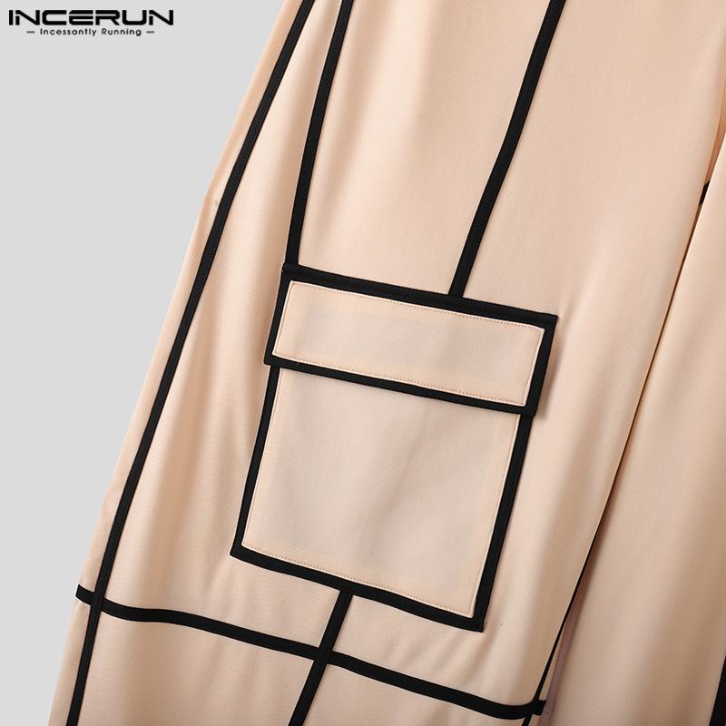 INCERUN Men Zipper Waist Stitching Casual Long Trousers Wide Legs Pants