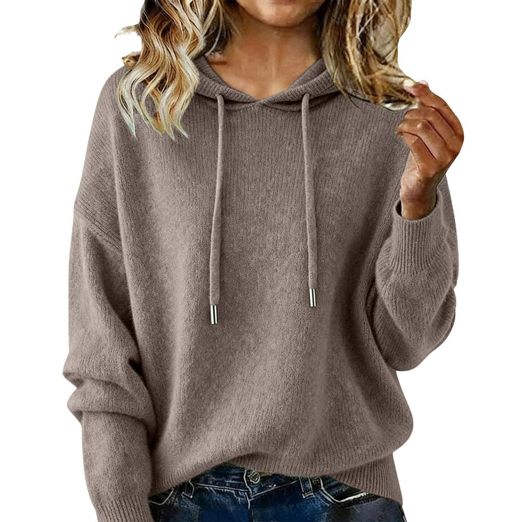 Women S Loose Fit Hooded Knit Pullover Sweater Long Sleeve Solid Color