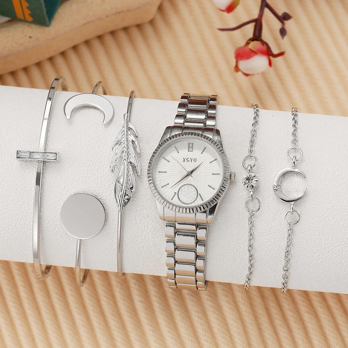 

Fashionable simple round no number women s quartz watch bracelet set of 5, suitable for Thanksgiving, Christmas gifts серебряный