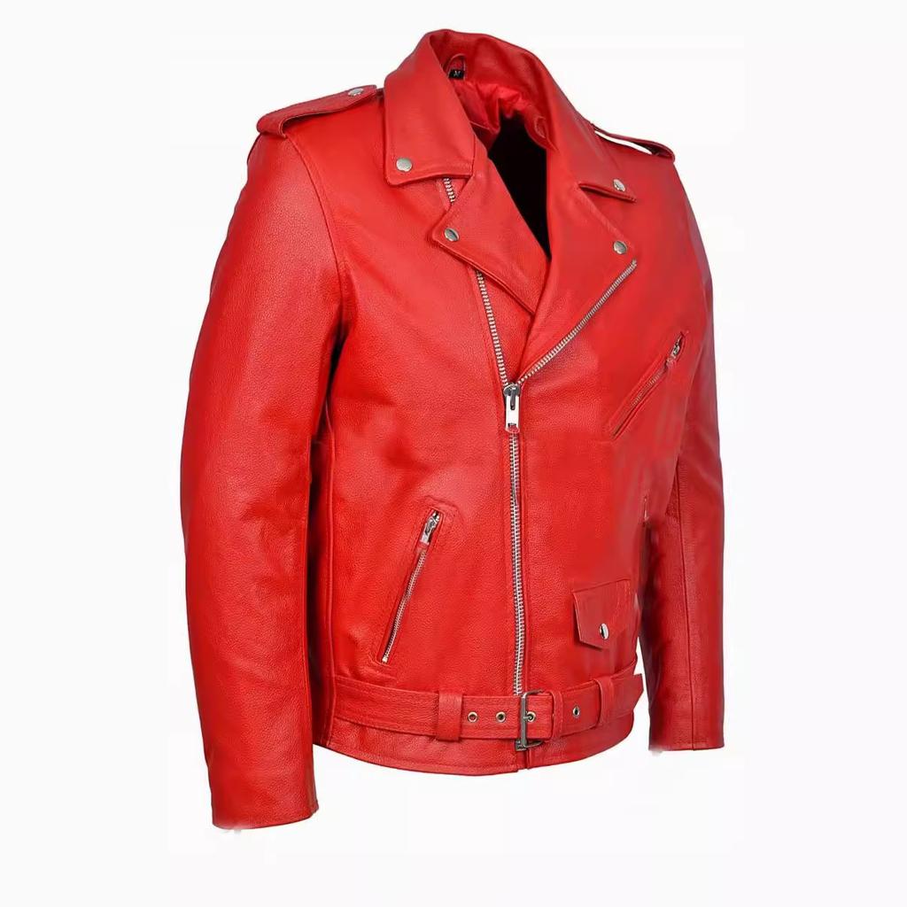 European and American locomotive leather jacket autumn and winter men's leather jacket men's short cable-stayed leather jacket men's red coat