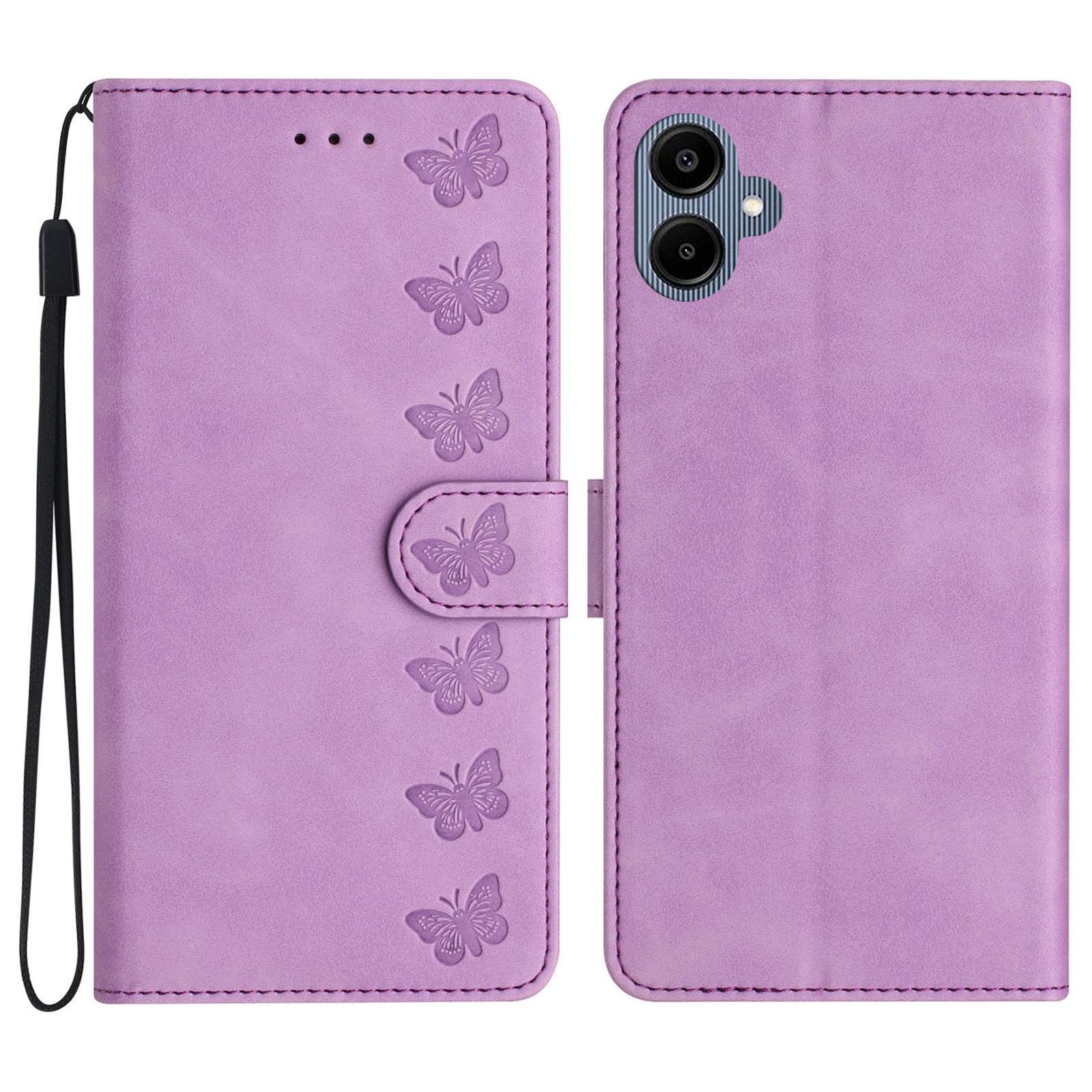 

For Samsung Galaxy A06 4G Case Imprinted Butterfly Leather Wallet Phone Cover Purple