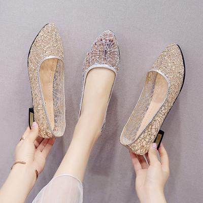 Spring New Hollow Mesh Lace Pointed Low Heel Shallow Mouth Doudou Mesh Single Shoes Women