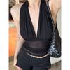 H Family European and American Women's Clothing Abstinence Sexy Deep V Neck Halterneck Vest Sexy Pleated Sheer Mesh Outwear Short Top