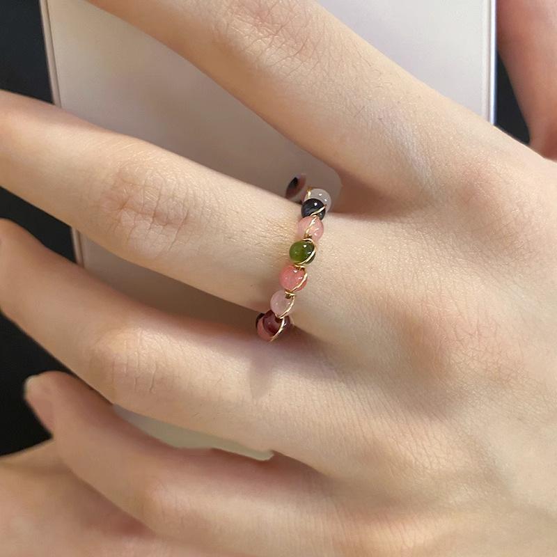 Natural Stone Tourmaline Ring - Light Luxury, Candy-Colored Beaded, Chinese-Style, Open Design for Index Finger.