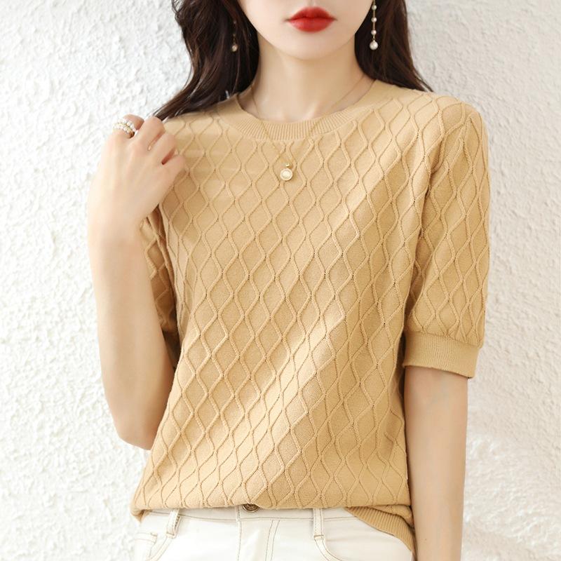 

Футболка с коротким рукавом из хлопковой нити с круглым вырезом. Летний новый свободный ажурный вязаный свитер с рукавом до локтя. Тонкий ромбовидный вязаный. XXL