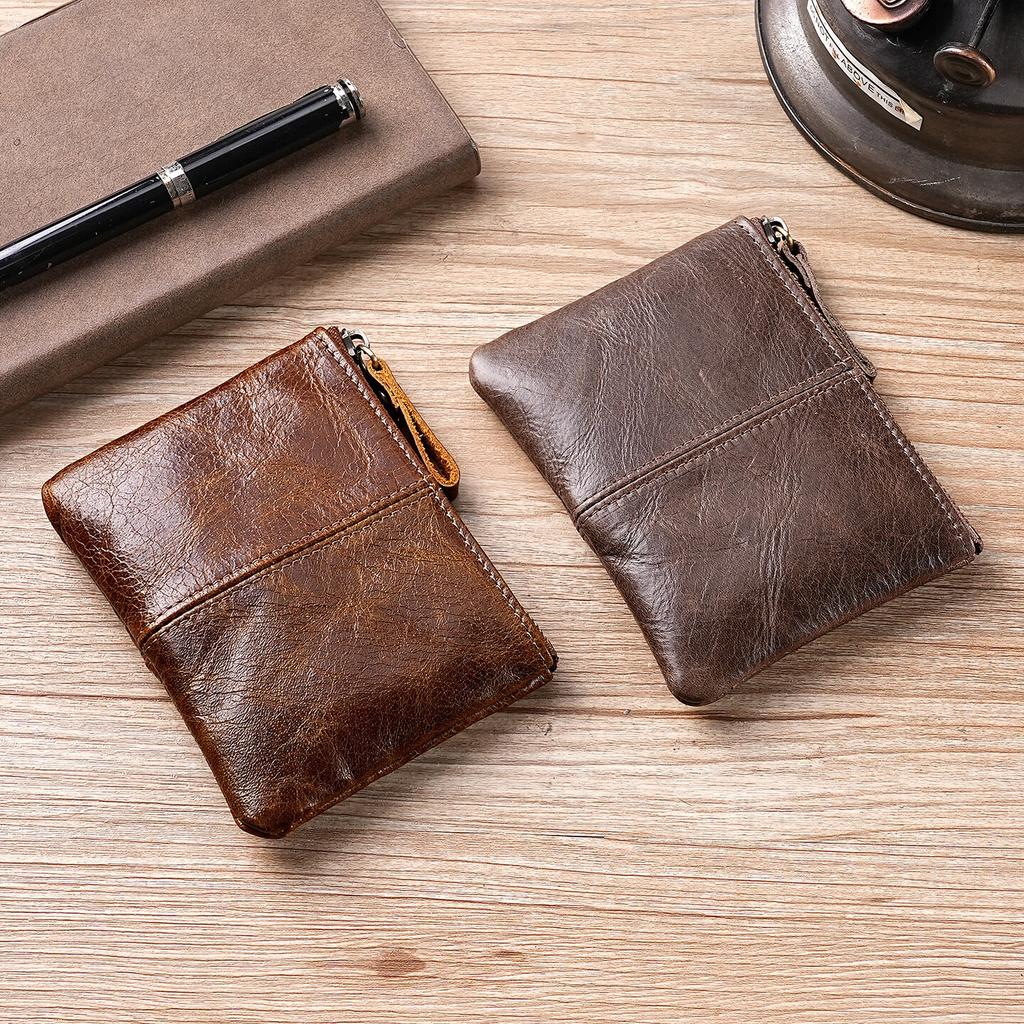 Mens and Women Retro Real Leather Zipper Wallet Card Holder Small Coins Keys Pocket Money Storage Pouch with Chain Key-ring
