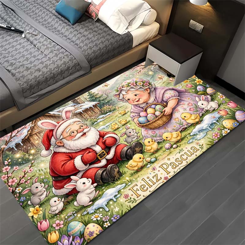 Easter Holiday Cartoon Print Area Rug Non‑Slip Floor Mat Festive Living Room Bedroom Decor