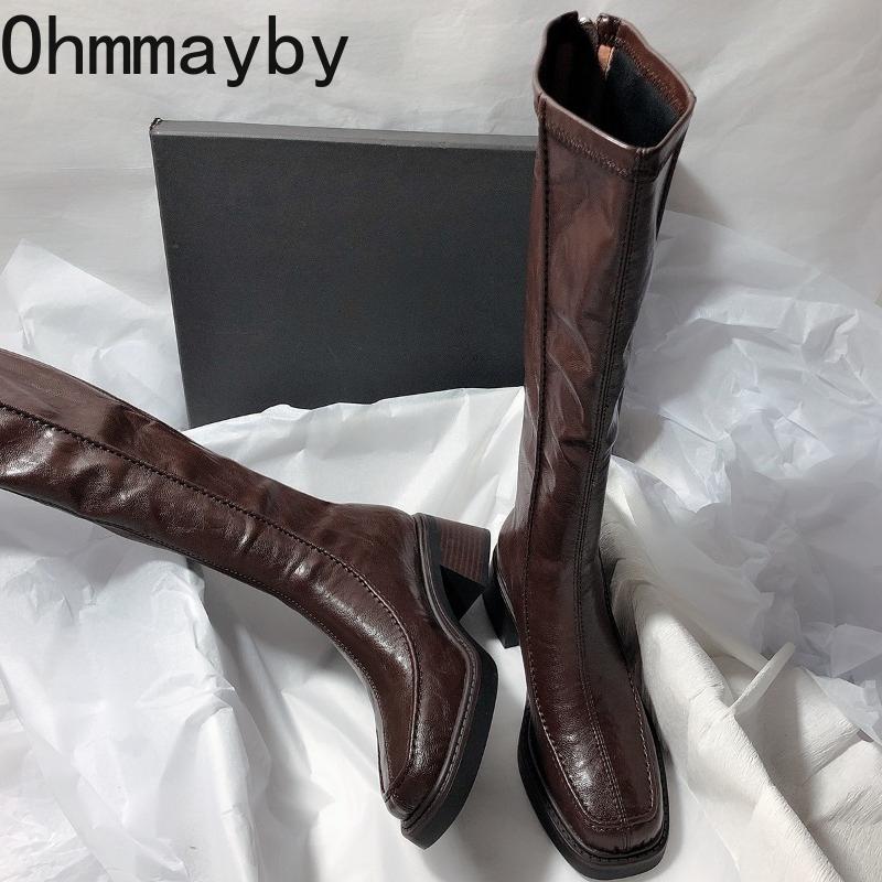 Vintage Thick Heel Women Knight High Boots Fashion Side Zippers Shoes Autumn Winter Ladies Concise Slim Long Botas De Mujer