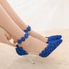 Blue Lace Beaded Flowers Wedding Shoes One-line Wristband Bride Shoes Thin Heel Pointed Sandals Stage Performance Shoes for Women