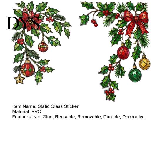 Electrostatic Window Film 2Pcs Christmas Static Clings, Corner Wreath No?Glue Glass Decals with Holly Reusable Sticker Xmas Balls Bow Poinsettia,