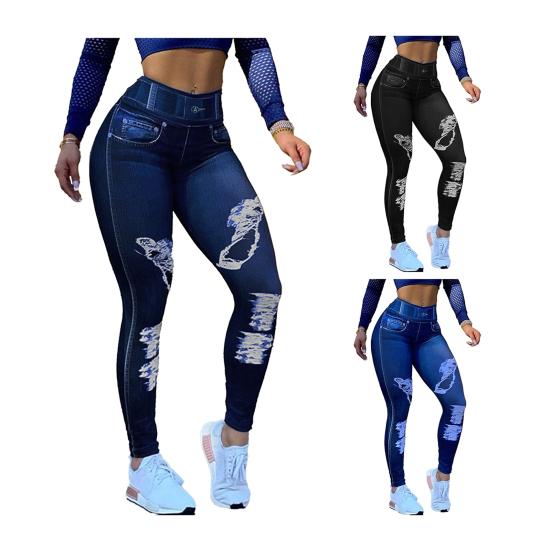 Women Pants High-Elastic Tight-Fit Fabric Imitation Jeans Leggings with Pockets Printing Ergonomic Tailoring Yoga Pants