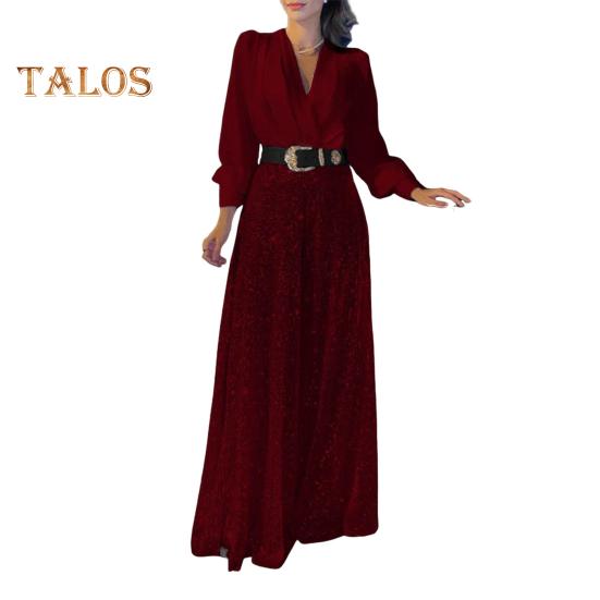 Women's Sequins Jumpsuits Long Sleeve V-Neck Shirt Sparkly Belted Wide Leg Romper Evening Party Overall Pants