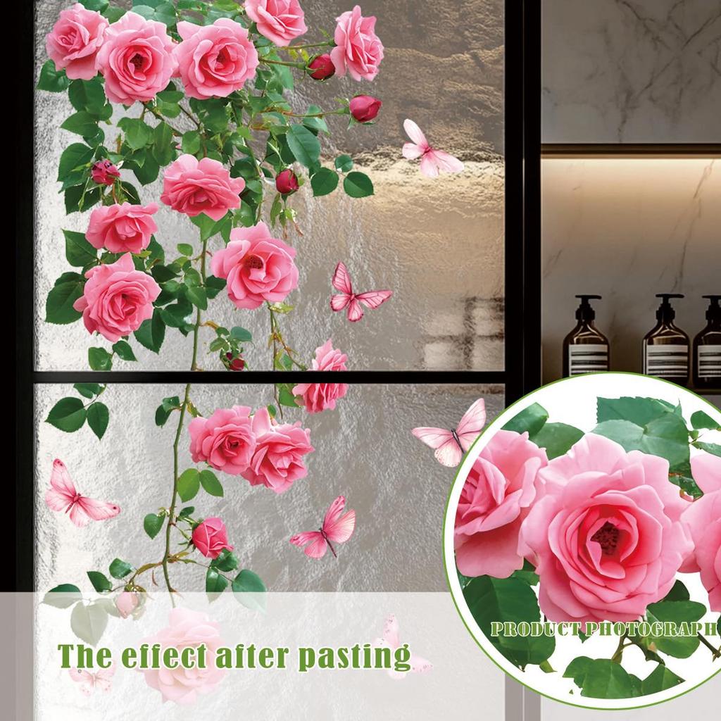 Condessacity Rosa Blumenwand Stilvolle Pflanzen- und Blumenwand Abnehmbar Wasserdicht Wand Wandglas Badezimmer Glaswand Dekor Aufkleber, Rosen, Aufkleber,