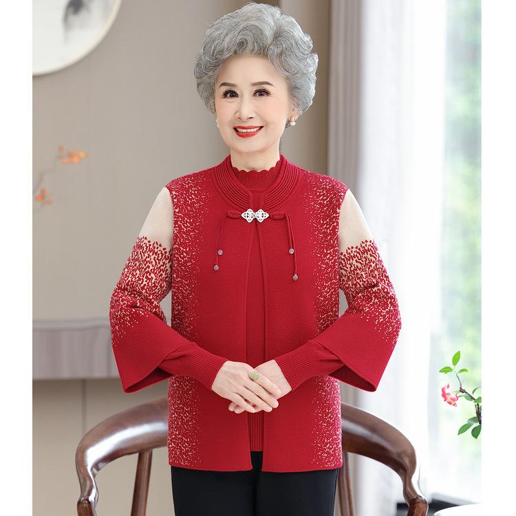 Frühlings- und Herbst-Neues Unterhemd für Frauen mittleren Alters Zweiteiliges Herbst- und Winter-Outfit für Mütter Halbierter Farbmantel Strickpullover Strickjacke