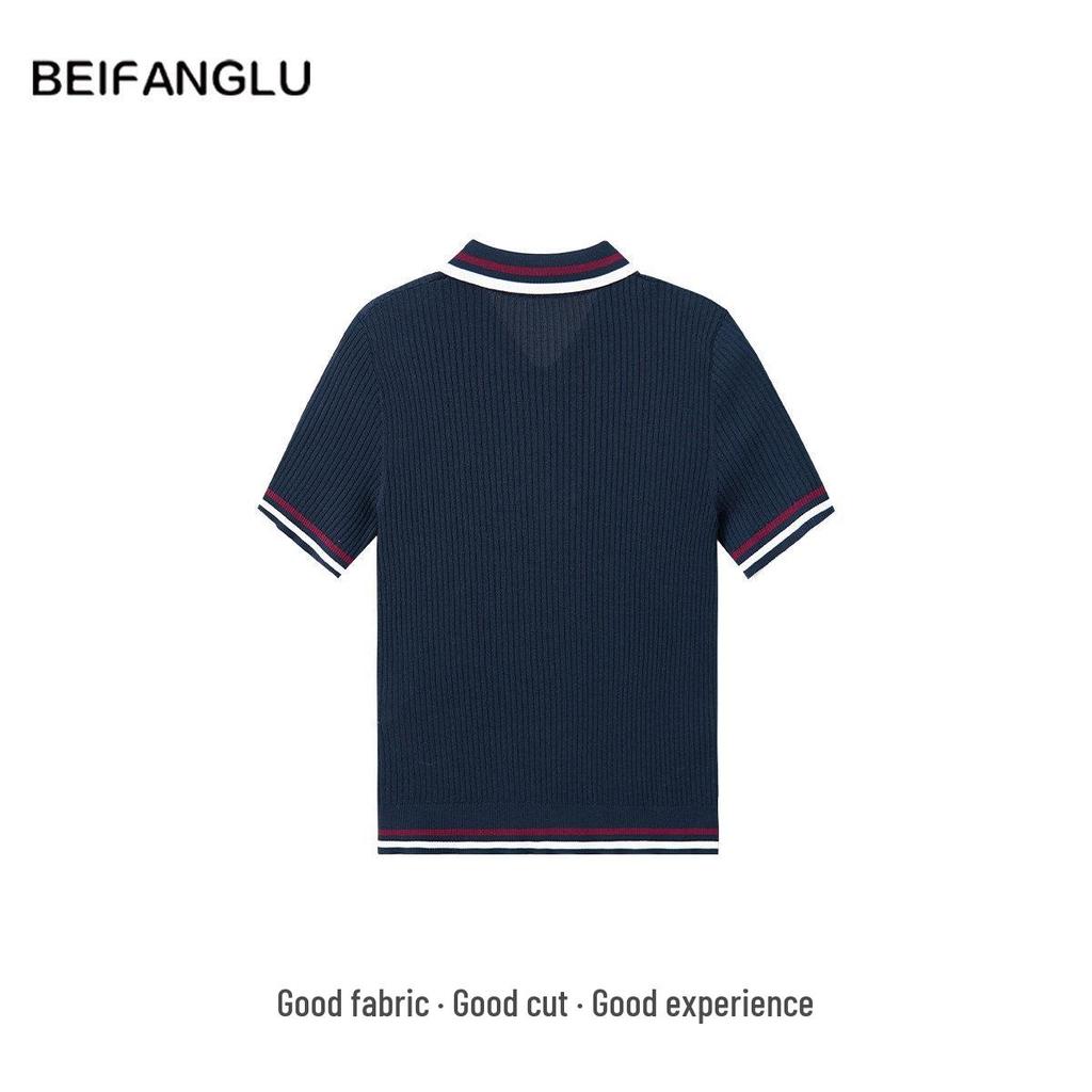 Northern Deer French Style Striped Knit Polo, Lyocell & Triacetate Short Sleeve