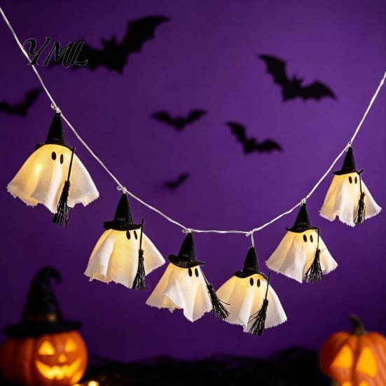 Retro-Textur Halloween-Requisiten Geister-Lichterkette, Hängendes Stoffstück mit Zaubererhut, Fenster-Kamin-Wanddekoration Leuchtende Lichterketten für Zuhause