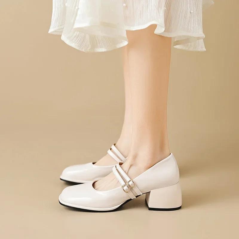 Fashion Large Size 34-43 Mary Jane Shoes Women Block Heel Patent Leather Black Shoes