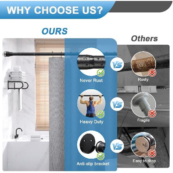 Tension Curtain Rod, 42 to 115 inch Adjustable Heavy Duty black shower curtain rod for bathroom Closet Windows