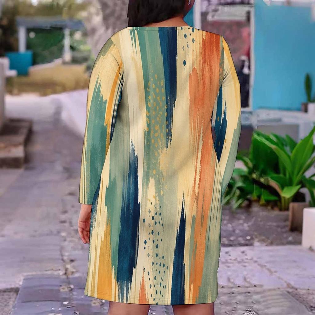 Women Plus Size V Neck Long Sleeve Printed Dark Blue Fitted Straight Dress
