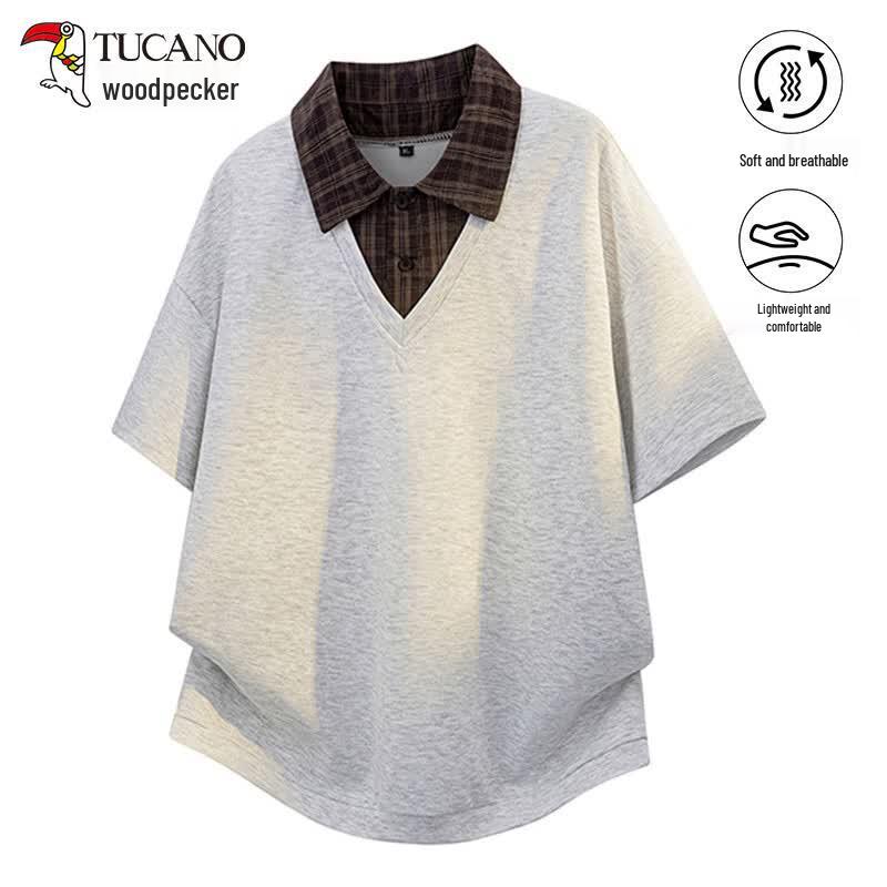TUCANO Men s Plaid Loose Fit Polo Collar Short Sleeve T-Shirt M