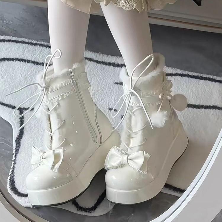 Sweet Winter Girls Lolita Mid-Calf Snow Boots Cute Female Students Plush Warm Bowknots Lace Up Wedge Heel Heightening Shoes