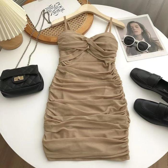 Summer Style Spaghetti Strap Dress - Sexy Twisted Knot Pleated Slim Fit Short Skirt for Mature Women Small хаки