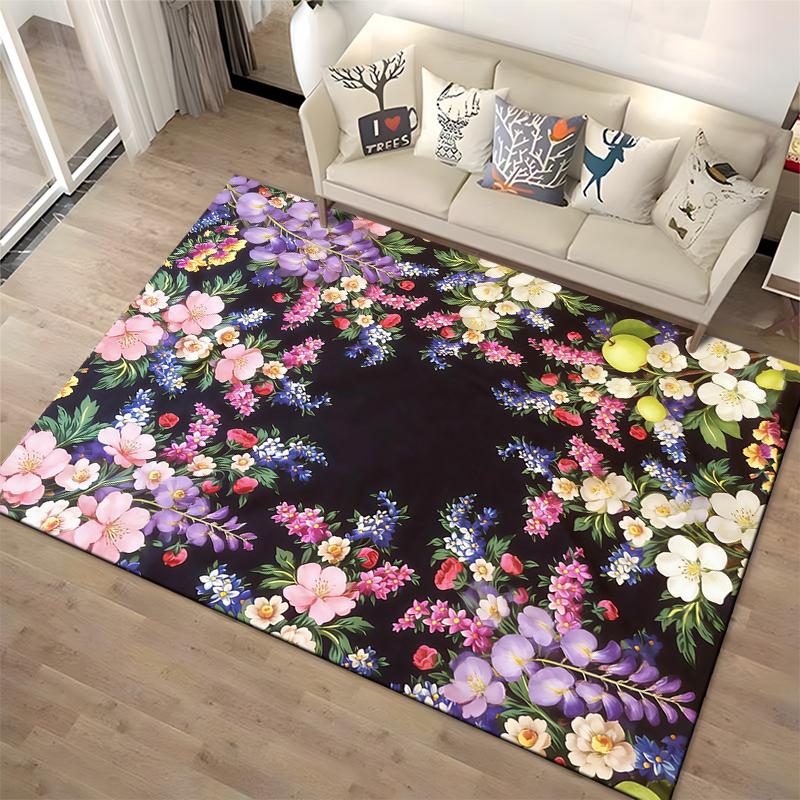 Floral Carpet with Colorful Blossoms and Black Background, Living Room Decor Suitable for Use As an Anti-slip for Living Room Bedroom Sofas