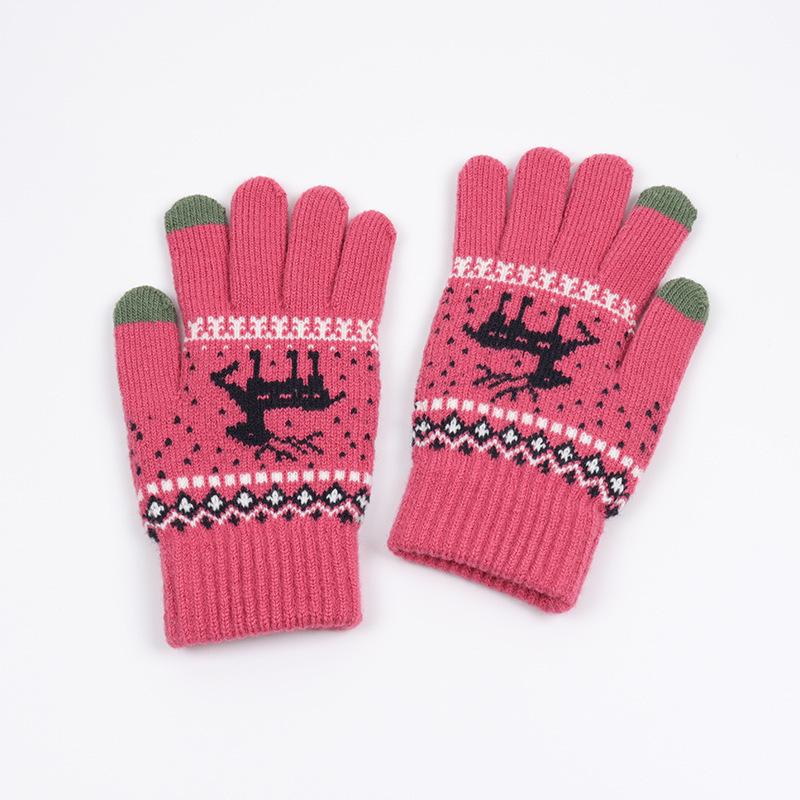 Korean Style Women's Warm Touch Screen Wool Gloves with Elk Print - Autumn/Winter Fashion, Christmas Couple Edition.