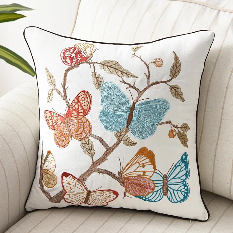 Butterfly Cushion Cover 45x45cm Floral Country Style Pillow Cover Cotton Embroidery Suqare Home Decoration for Living Room